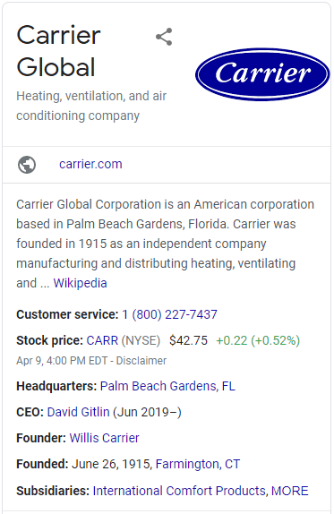 Company descriptions and relevant information of Carrier Global Corporation